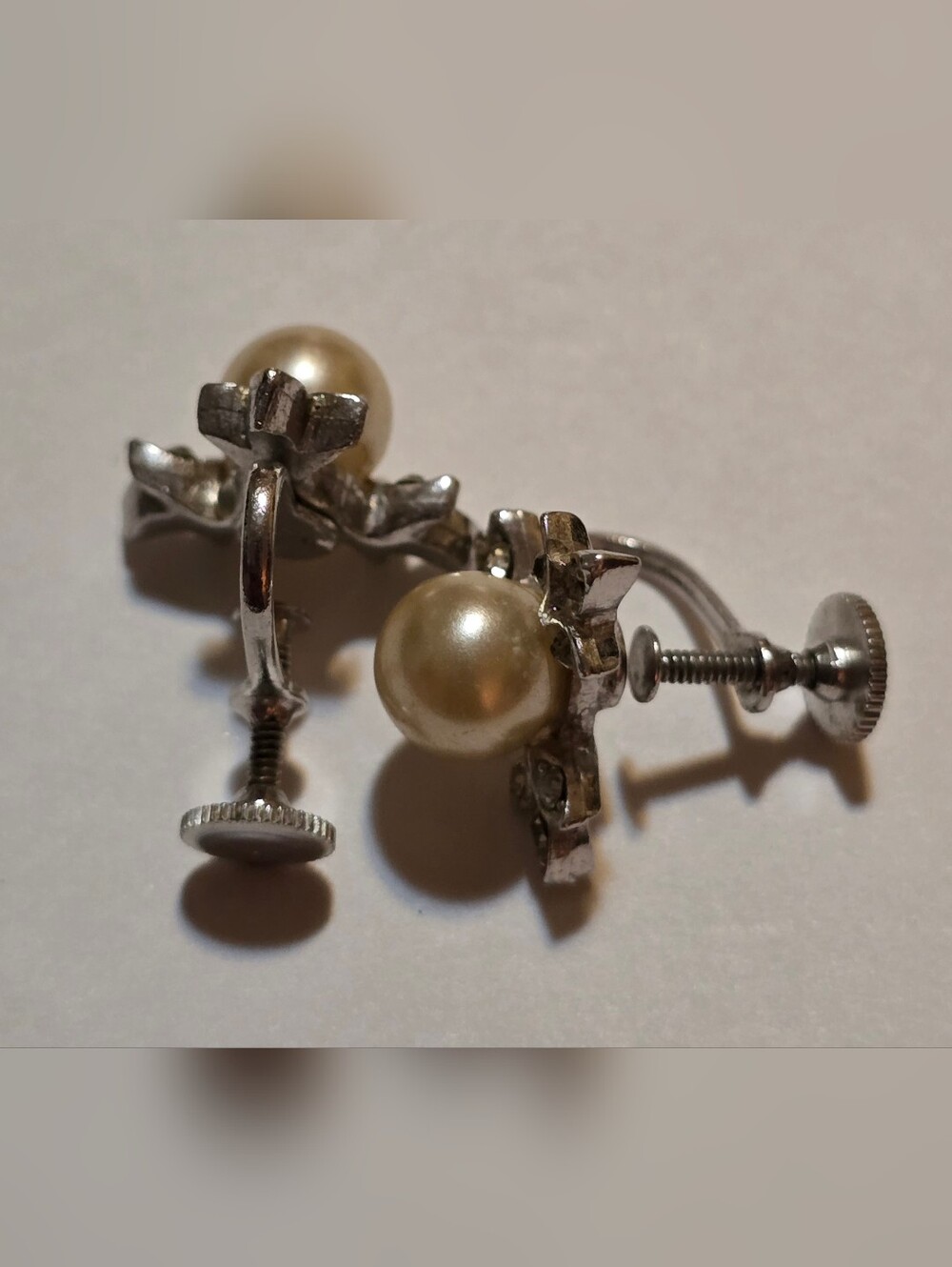 Delicate Faux Pearl Diamond Formal Wedding Earrings Vintage Preowned Screw Clip - Picture 4 of 5